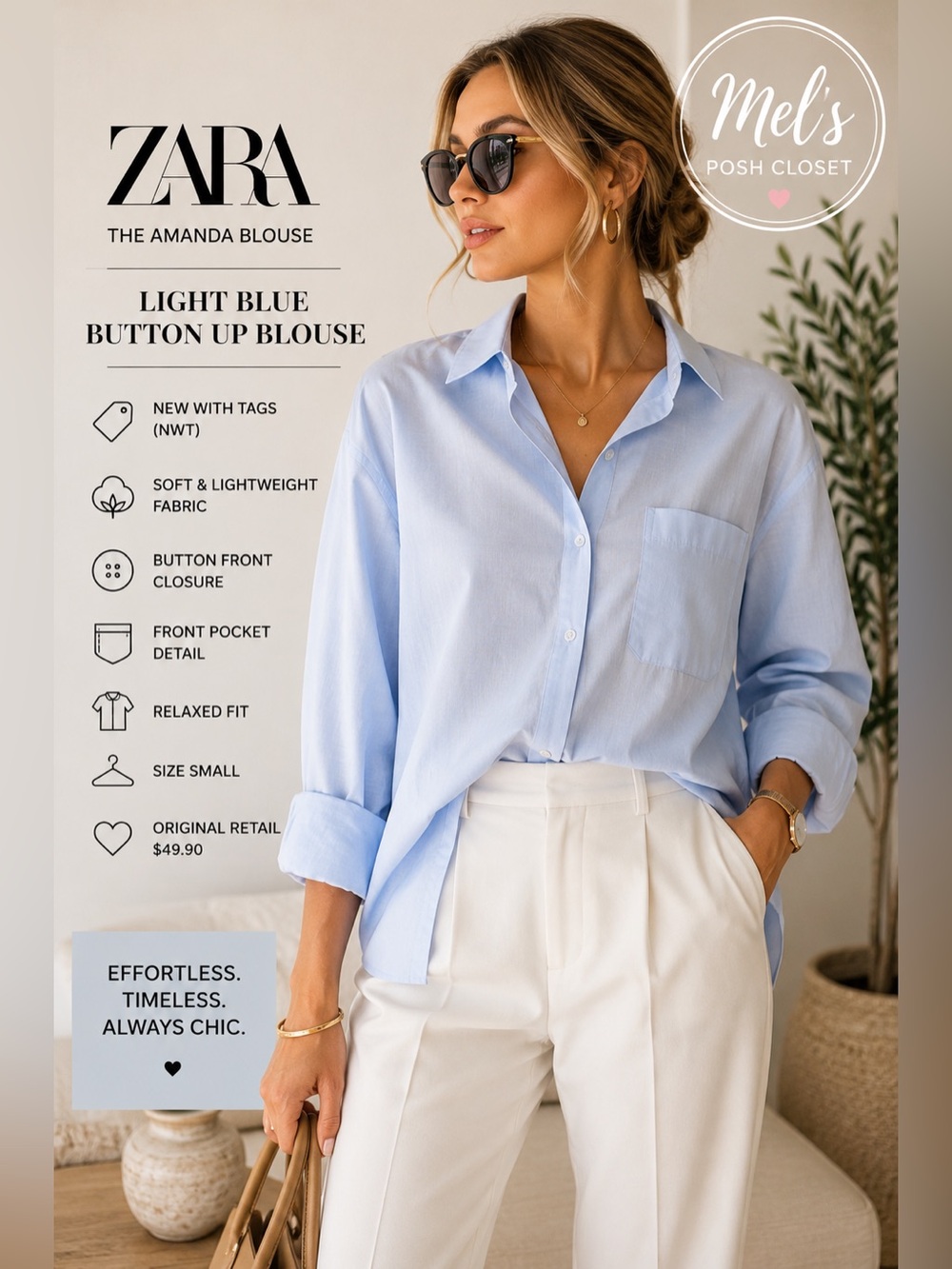 Zara The Amanda Blouse NWT Light Blue Button Up Collared Shirt Small